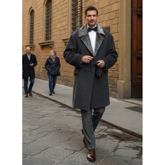 RARE Vtg Alfredo Fawza Italian Double Brsted Mohair Alpaca Wool Overcoat Mens 46 - Picture 1 of 14